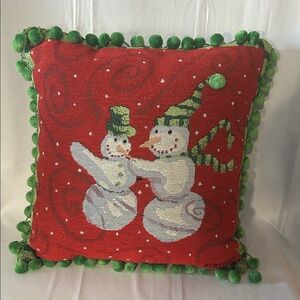 Winter Snowmen themed accent/throw pillow with green edging of Pom poms